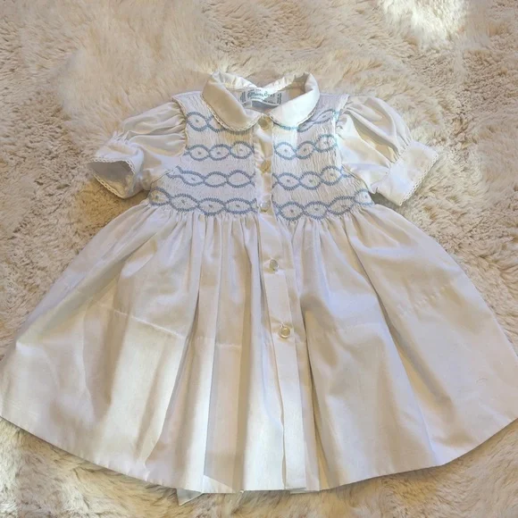 Vintage White Smocked Blue Embroidery Baby Dress with picot trim and sash - Picture 1 of 5